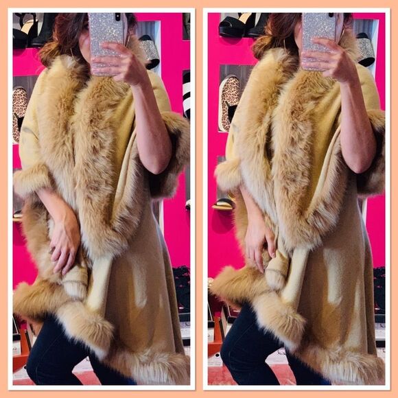 Luxurious Camel Faux Fur Double Layer Cape Coat - Picture 1 of 9